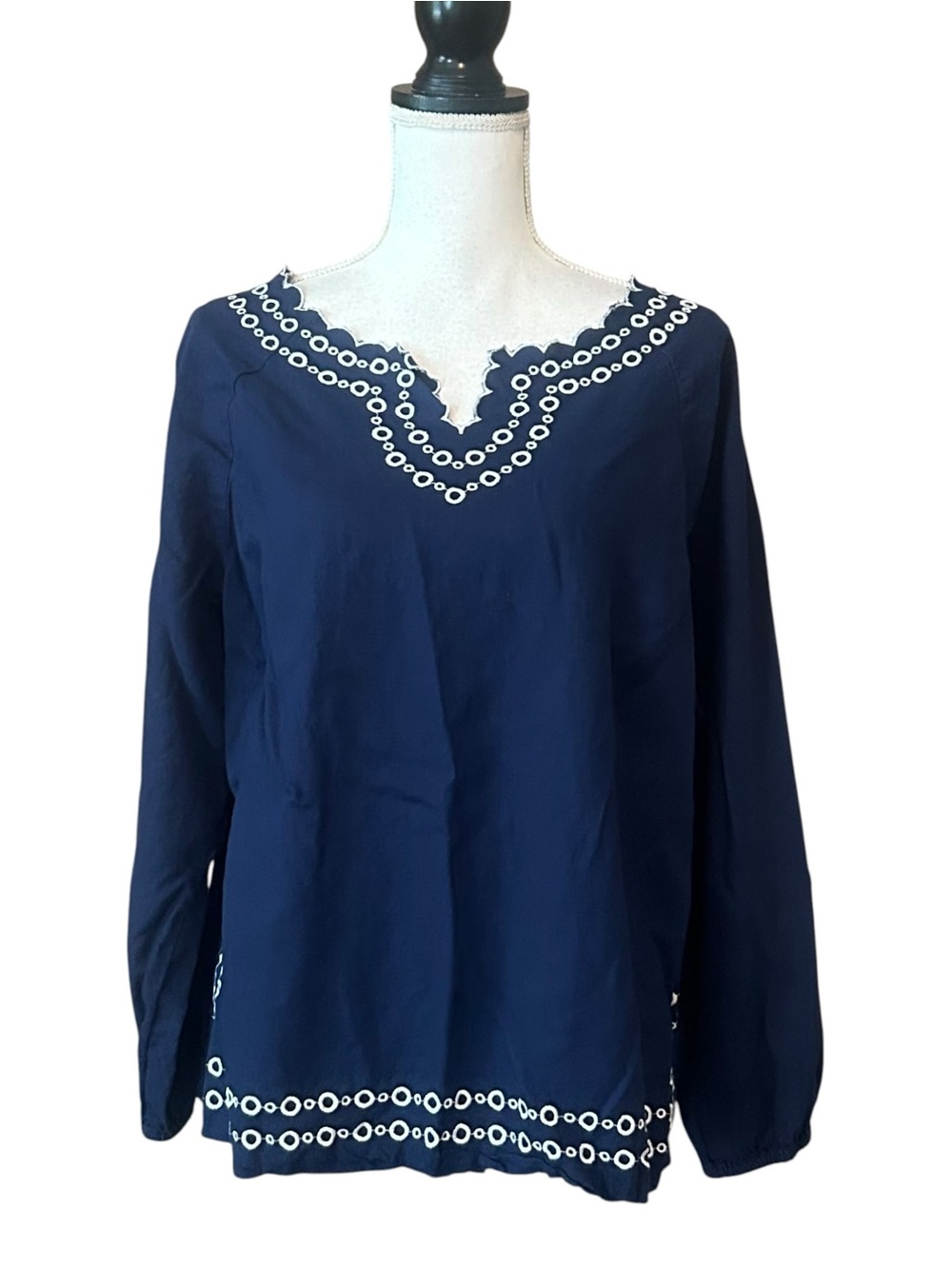 Talbots Linen Embroidered‎ Popover Tunic Top Women’sSZ XLP in Navy & White